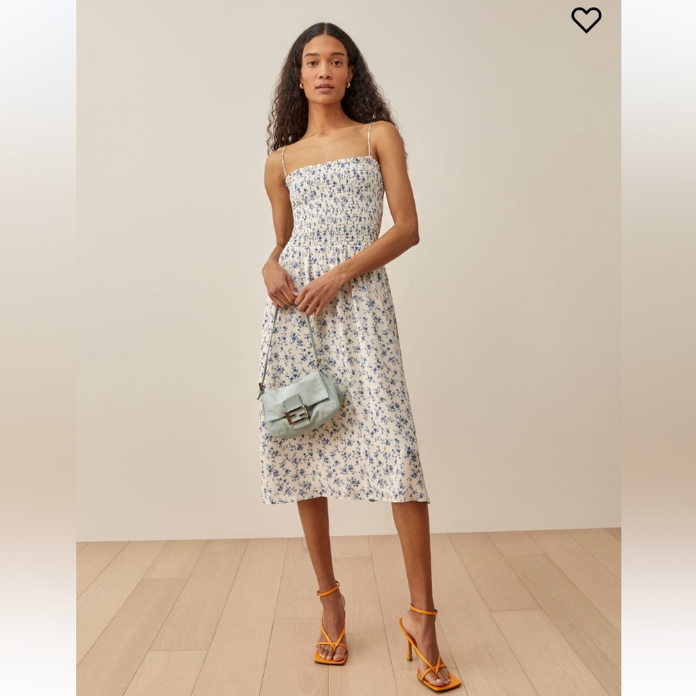 Reformation Floral Smocked Sable Dress in Figaro - white and blue midi